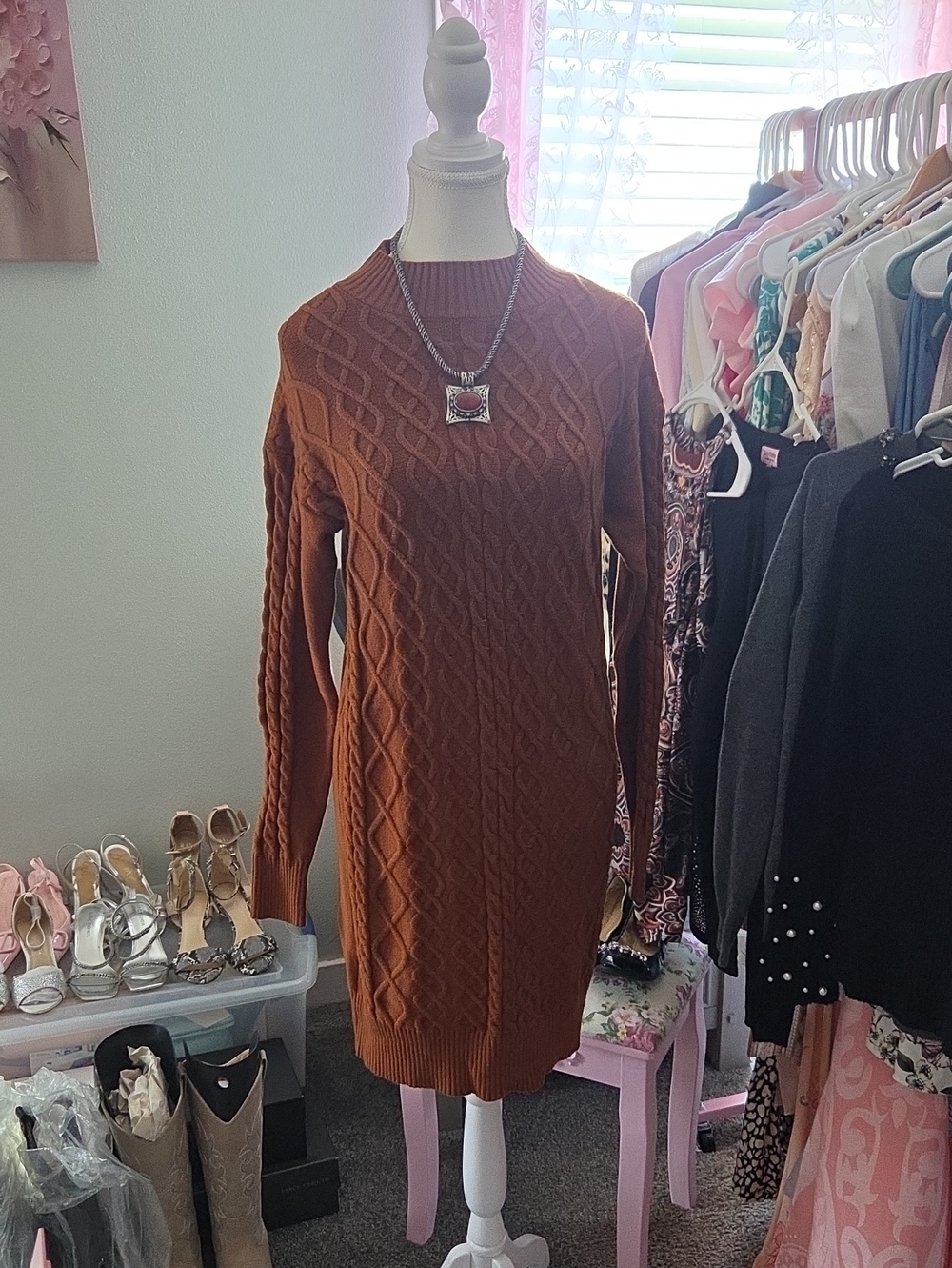 Ribbed Cable Knit Midi Sweater Dress in Rust Brown
